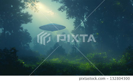 UFO in a dim forest, anime style 132804300