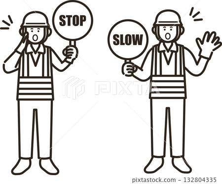 Illustration of a male traffic controller holding a stop and slow down sign (line drawing only) Illustration of a male traffic controller holding a stop and slow down sign (line drawing only) 132804335