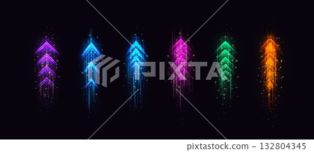 Speed rush arrows colorful neon glowing vector set, light trails on dark with sparkles, energy flow acceleration effect 132804345