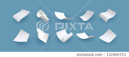 White paper flying, realistic paper sheet, curled page document blank with shadow, letter or note floating vector set White paper flying, realistic paper sheet, curled page document blank with shadow, letter or note floating vector set 132804351
