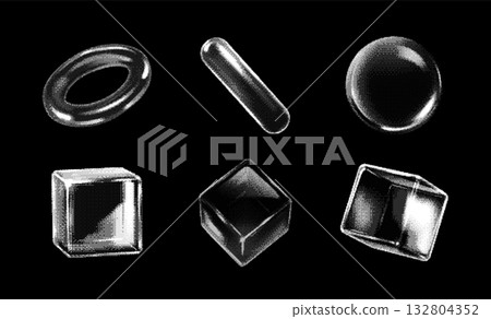 Transparent glossy crystal shapes pixel art vector icons set, retro 8 bit 3D monochrome glass cube, sphere, tube torus 132804352