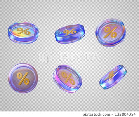 Realistic 3D holographic purple iridescent glass coin with percentage sign, discount and special offer coupon vector set 132804354