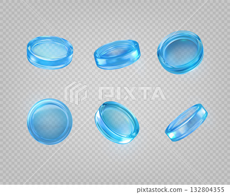 3D holographic blue glass coins vector set, realistic shiny transparent crystal reward medal, game token, casino chip 132804355