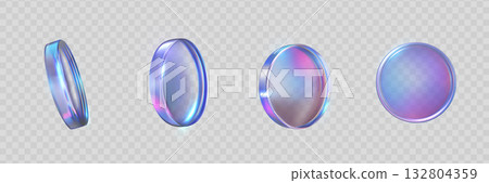 3D holographic purple iridescent glass coins view from different angles vector set, realistic game token, casino chip 3D holographic purple iridescent glass coins view from different angles vector set, realistic game token, casino chip 132804359