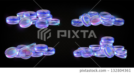 3D holographic glass circle coins heaps, iridescent crystals purple effect, game token, casino chip realistic vector set 3D holographic glass circle coins heaps, iridescent crystals purple effect, game token, casino chip realistic vector set 132804361