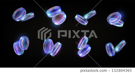 3D holographic glass coins pair float, realistic purple iridescent crystals, game token, casino chip vector set on black 3D holographic glass coins pair float, realistic purple iridescent crystals, game token, casino chip vector set on black 132804365