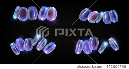 3D holographic glass circle coins heaps float, iridescent crystals purple effect, game token, casino chip vector set 3D holographic glass circle coins heaps float, iridescent crystals purple effect, game token, casino chip vector set 132804366