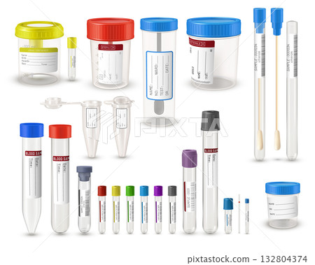 A set of containers for urine, feces, blood analysis, different shapes, with colored lids, labels. A set of containers for urine, feces, blood analysis, different shapes, with colored lids, labels. 132804374