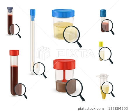 Set of filled containers for laboratory analysis, with a magnifying glass, blood, urine, feces. 132804393