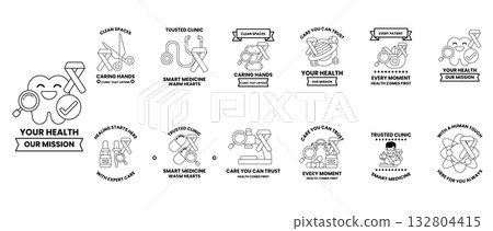 The image is a collection of health-related icons and symbols 132804415