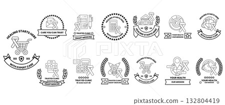 A set of black and white logos with a variety of designs A set of black and white logos with a variety of designs 132804419