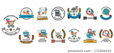 A set of black and white logos with a variety of designs A set of black and white logos with a variety of designs 132804420