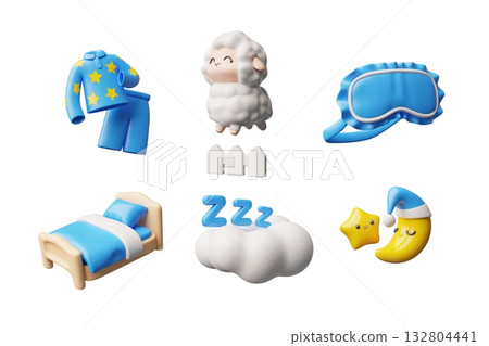 Sweet dreams 3D cartoon plastic style vector icons set, sleep time collection, bed, pajamas, eye sleep mask, lamb, moon Sweet dreams 3D cartoon plastic style vector icons set, sleep time collection, bed, pajamas, eye sleep mask, lamb, moon 132804441