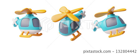 Helicopter view from different angles 3D cartoon plastic style vector icons set, air transport, volume aircraft vehicle 132804442