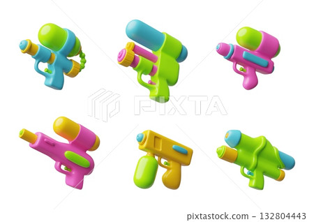Water gun with refill water reservoir 3D cartoon plastic style vector set, colorful blaster kids game weapon blaster toy Water gun with refill water reservoir 3D cartoon plastic style vector set, colorful blaster kids game weapon blaster toy 132804443