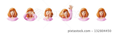 A set of 3D female character avatars with various emotions, pink clothing, and brown hair. 132804450