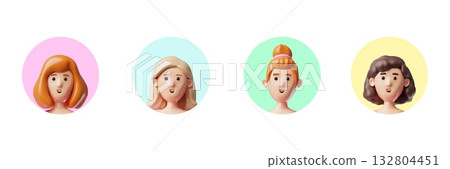 3D set of female avatars with different hairstyles and hair colors, in round colored frames. 132804451