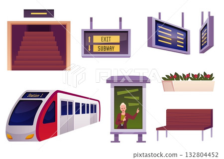 Railway subway station interior elements vector set, metro train, stairway, scoreboard, billboard, bench infrastructure Railway subway station interior elements vector set, metro train, stairway, scoreboard, billboard, bench infrastructure 132804452