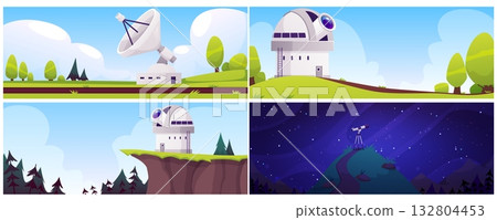 Space observatory building, antenna with satellite dish and telescope on the hill vector astronomy illustrations set 132804453