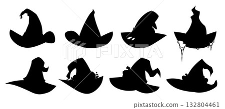 Set of black silhouettes of magic witch hats, different shapes, with holes, cobwebs, torn ends. . Set of black silhouettes of magic witch hats, different shapes, with holes, cobwebs, torn ends. . 132804461