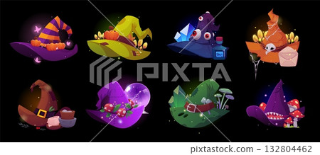 Set of witch hats of different shapes and colors with crystals, mushrooms, candle and envelope. 132804462
