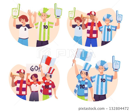 People crowd of cheering sport fans with flags and posters, scarves and hats, wig, supporting team groups vector set 132804472