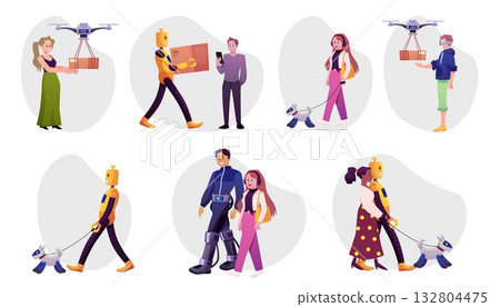 Smart city scenes vector flat set, cartoon people and robotic dog, robot and quadcopter deliver post package, cyborg man 132804475