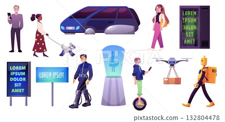 Robotic quadcopter delivers post package to the man in virtual reality glasses, vector robot drone smart technology 132804478