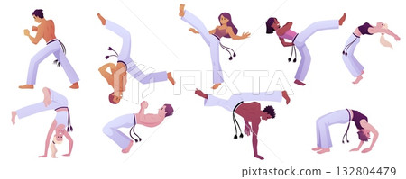 People doing capoeira exercise, Brazilian Capoeira dance and fight sport, Martial art vector illustrations set isolated 132804479