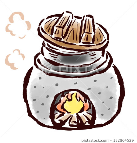 傳統爐灶烹調的傳統米飯 - 手繪插圖 132804529