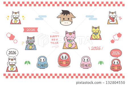 新年賀卡套裝,包含2026年生肖、達摩不倒翁和招手貓,日式插畫圖標 新年賀卡套裝,包含2026年生肖、達摩不倒翁和招手貓,日式插畫圖標 132804550