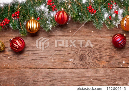 Background material of wooden boards, Christmas trees and ornaments 132804643