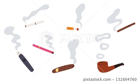 Electronic or tobacco cigarette. Cigar and smoking pipe. Bad habit and nicotine addiction. Smoke clouds and inhaling rings. E-cigarette vaporizer. Vector smokers isolated products set Electronic or tobacco cigarette. Cigar and smoking pipe. Bad habit and nicotine addiction. Smoke clouds and inhaling rings. E-cigarette vaporizer. Vector smokers isolated products set 132804760