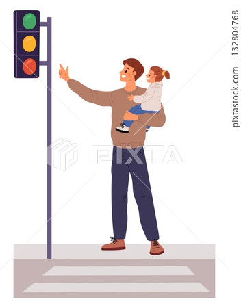 Father with his child in arms pedestrian crossing explains to daughter how traffic lights work. Crossroad rule. Crosswalk regulation. Dad teaching kid about city walk. Vector concept Father with his child in arms pedestrian crossing explains to daughter how traffic lights work. Crossroad rule. Crosswalk regulation. Dad teaching kid about city walk. Vector concept 132804768