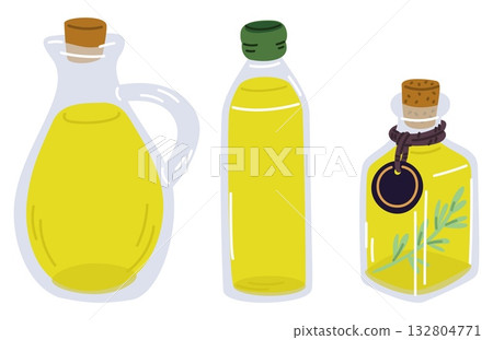 Glass bottles with corks containing olive oil. Cooking vegan ingredient. Extra virgin. Mediterranean kitchen. Organic product jug. Vector set of containers for vegetable oily liquid 132804771