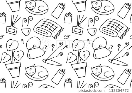 Black and white pattern with cozy relaxation and meditation theme. Flat cartoon vector illustration with plants, candles and tea for calm home decor, mindfulness design and peaceful lifestyle Black and white pattern with cozy relaxation and meditation theme. Flat cartoon vector illustration with plants, candles and tea for calm home decor, mindfulness design and peaceful lifestyle 132804772