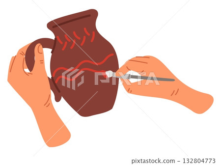 Hand with paintbrush decorates brown clay jug. Handmade in pottery art workshop. Craft hobby. Ceramist painting earthenware. Ceramic pot vase. Potter arms with brush. Vector concept Hand with paintbrush decorates brown clay jug. Handmade in pottery art workshop. Craft hobby. Ceramist painting earthenware. Ceramic pot vase. Potter arms with brush. Vector concept 132804773