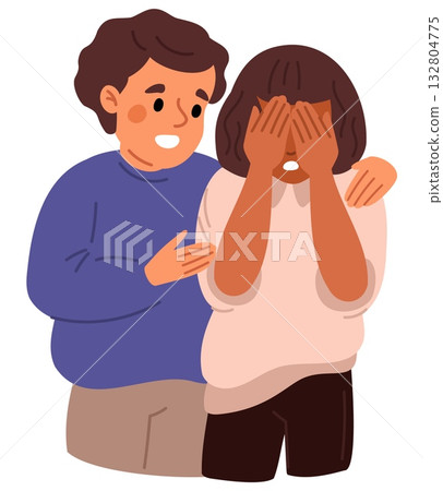 Little boy comforts and hugs crying girl. Psychological support and help for depression. Soothing embrace. Solidarity to worried sad person. Guy caring upset young woman. Vector concept 132804775