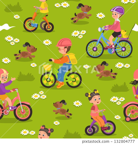 Little boys and girls ride bicycles on green grass seamless pattern. Happy kids on cycles. Repeated print. Young cyclists with dog in nature. Summer walk with dog. Vector background 132804777