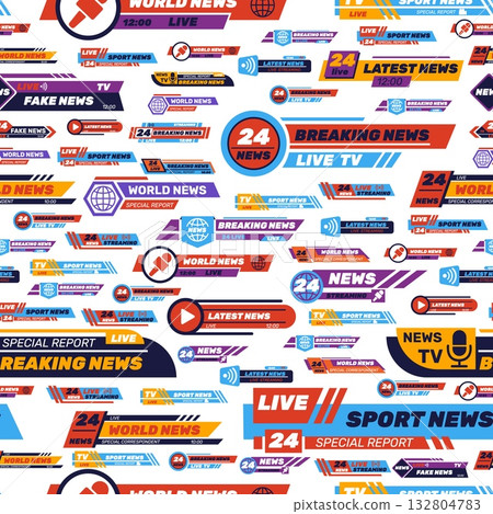 Logos and news ticker templates seamless pattern. Scoreboard badge. Live streaming video channel bars. Versus headline. Repeated print. Tournament display score label. Vector background 132804783