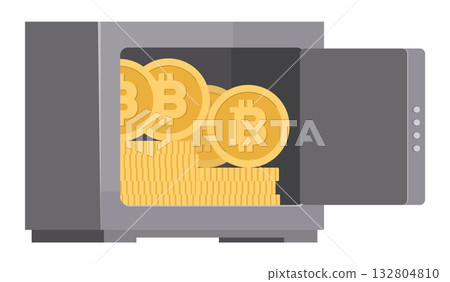 Metal safe with alternative financial assets in Bitcoin. Secure storage of cryptocurrency. Crypto wallet. Economy prosperity. Money savings in strongbox. Currency coins. Vector concept 132804810
