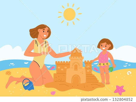 Mother and daughter building sandcastle together on beach. Family relax at seashore. Mom and kid playing on sand. Sandy castle. Ocean travel vacation. Bucket and scoop. Vector concept Mother and daughter building sandcastle together on beach. Family relax at seashore. Mom and kid playing on sand. Sandy castle. Ocean travel vacation. Bucket and scoop. Vector concept 132804852