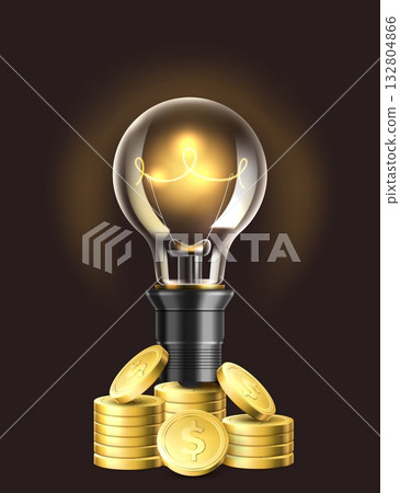 Realistic glowing light bulb on stack of gold coins. Business and finance idea. Lamp shine. Startup finance income. Successful investment. Dollar currency. Vector concept of insight profit 132804866