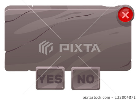 Stone game panel with yes or no buttons for selecting desired option. Video gaming dashboard. Message interface. Play question screen interface. Menu blank rock frame. Vector empty banner Stone game panel with yes or no buttons for selecting desired option. Video gaming dashboard. Message interface. Play question screen interface. Menu blank rock frame. Vector empty banner 132804871