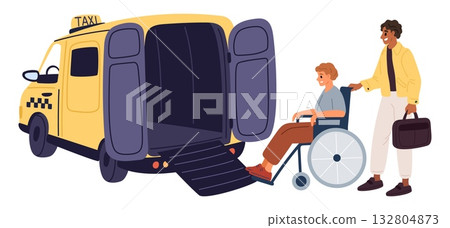 Taxi driver for people with disabilities helps man in wheelchair get into car. Paralyzed passenger. Injured character boarding in automobile cabin with chauffeur support. Vector concept 132804873