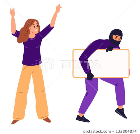 Thief runs away with woman stolen mobile phone. Masked criminal escaping from robbed girl. Angry commits crime. Pickpocket and smartphone theft. Robber carrying gadget. Vector concept Thief runs away with woman stolen mobile phone. Masked criminal escaping from robbed girl. Angry commits crime. Pickpocket and smartphone theft. Robber carrying gadget. Vector concept 132804874