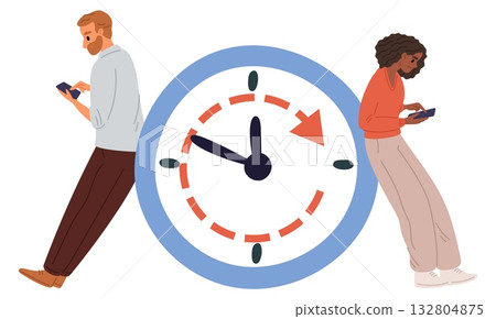Tired and exhausted people looking phone screens. Waste of time. Mobile addiction. Man and woman using smartphones. Big clock countdown. Addicted couple with telephones. Vector concept 132804875