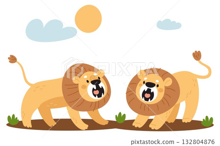 Two angry lions fighting in wild. Aggressive predator roaring. King of animals. Vector concept African safari carnivore mammals. Dominate battle in zoo. Savannah fauna. Vector concept Two angry lions fighting in wild. Aggressive predator roaring. King of animals. Vector concept African safari carnivore mammals. Dominate battle in zoo. Savannah fauna. Vector concept 132804876