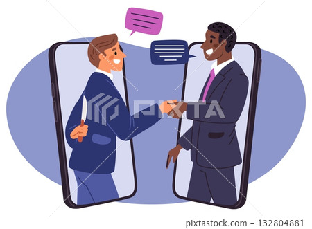 Two businessmen shake hands. One hides knife behind back. Smartphone screens. Phone technology for negotiation. Partnership sabotage. Vector concept of deception and betrayal in business Two businessmen shake hands. One hides knife behind back. Smartphone screens. Phone technology for negotiation. Partnership sabotage. Vector concept of deception and betrayal in business 132804881