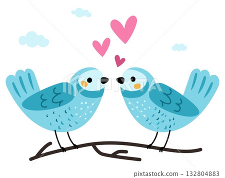 Two lovebirds sit next to each other on tree branch with amour hearts. Cartoon birds love and romance. Valentine animals. Birdies flight. Spring couple relationship. Vector illustration 132804883